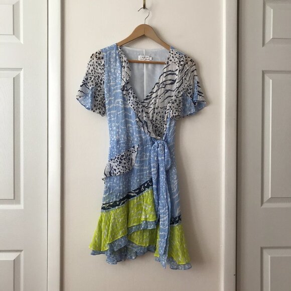 Tanya Taylor Bianka Silk Wrap Dress in Leopard Zebra Light Blue - Picture 4 of 9